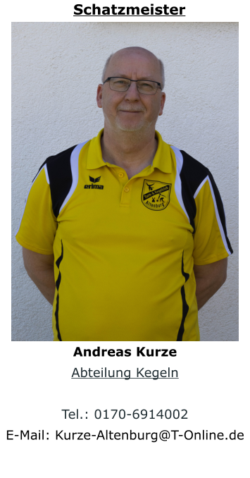 Schatzmeister Andreas Kurze Abteilung Kegeln  Tel.: 0170-6914002 E-Mail: Kurze-Altenburg@T-Online.de